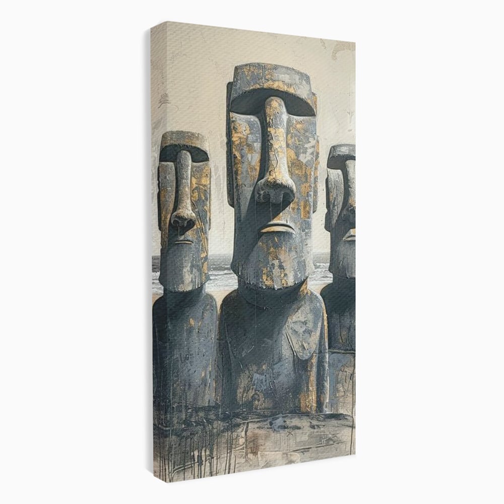 Tablou canvas cu statui moai din piatra, fara rama, pe sasiu de lemn